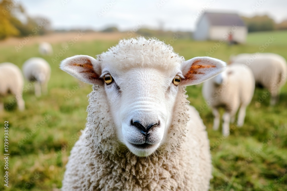 Fototapeta premium Sheep Grazing Peacefully in a Lush Green Meadow Near Rustic Farmhouse Under Clear Blue Sky