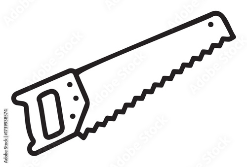 Black outline of a hand saw with a serrated blade and ergonomic handle for cutting wood or materials.