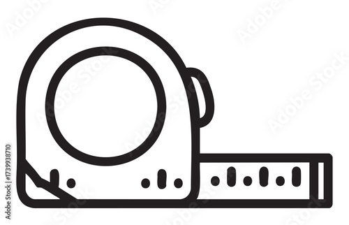 Black outline vector icon of a measuring tape with metric markings showing detail. minimalist design for tools, construction, and measurement concepts.
