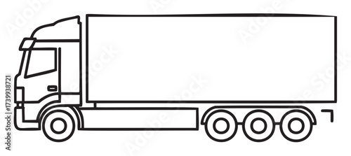 Black outline icon of a large semi-truck with a trailer viewed from the side, showcasing its wheels and cabin in a simple linear design.