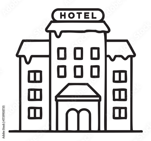 Black outline icon of a multi-storey hotel building with a prominent entrance and a rectangular sign on the roof.