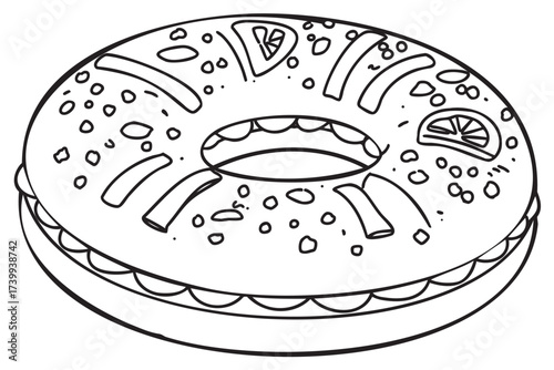Black outline drawing of a round bagel with seeds and vegetable toppings on a .