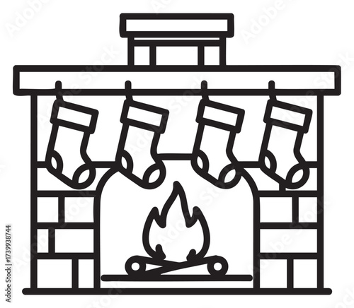 Black outline drawing of a fireplace with a fire burning, adorned with five hanging stockings, symbolizing a cozy holiday atmosphere.