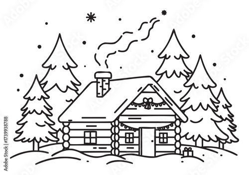 Black outline drawing of a cozy log cabin with a chimney in a snowy forest surrounded by pine trees and falling snowflakes.