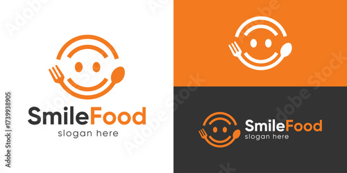 Creative simple smile food logo template. Smile face with fork spoon plate for restaurant and cafe logo design vector illustration.