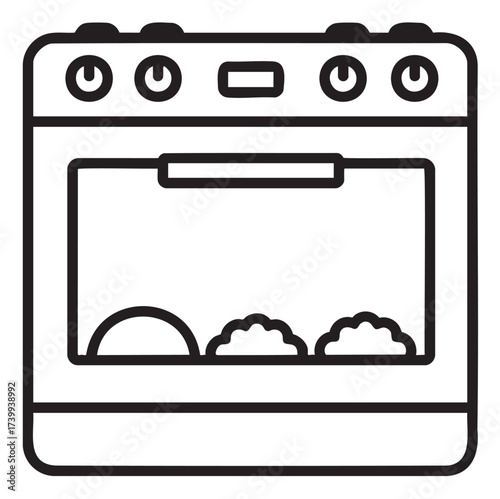 Black outline icon of an oven with a visible glass door, displaying three baking items inside, depicted in a simple linear style.