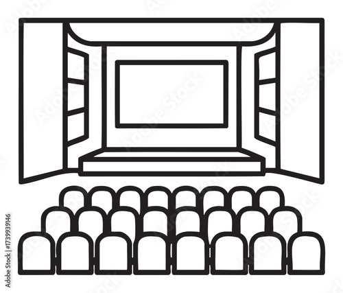 Simple black outline of a theater hall with rows of rounded chairs facing a large screen and stage.