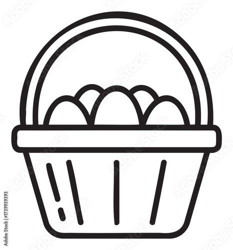 Black outline vector icon of a simple basket filled with multiple eggs, showcasing minimal linear design for traditional and agricultural themes.