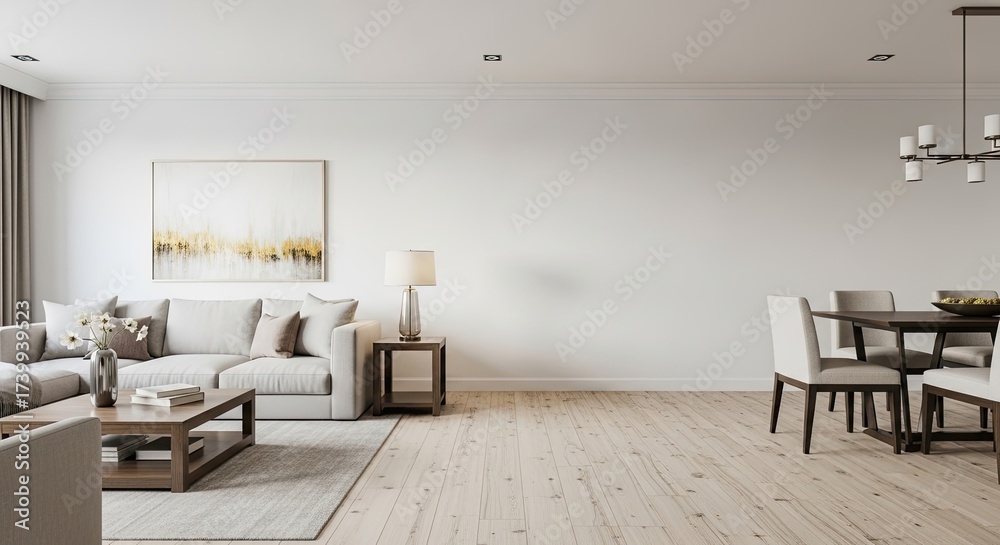 Fototapeta premium A minimalist living room with a white couch, coffee table, and dining table. The room has a wooden floor and a large painting on the wall.