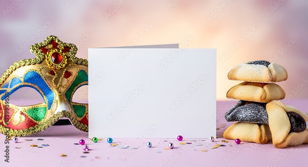 Obraz premium Purim Celebration Still Life - Mask, Hamantaschen, and Blank Card.