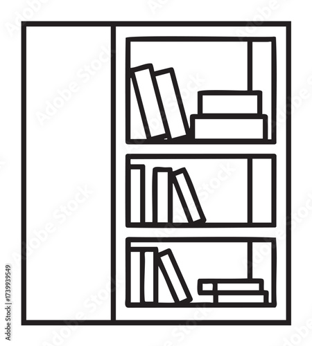 Black outline of a simple shelf filled with books, stacked neatly on three levels. minimal linear illustration for reading and organization concepts.