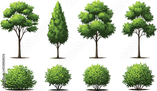 Tree and bush illustration set, diverse greenery foliage, natural landscape plants, decorative garden clipart, eco nature vegetation, outdoor environment vector art