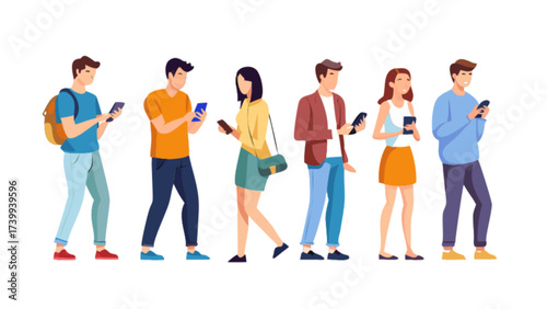 Group of people standing in a line looking at their smartphones and holding them in their hands now