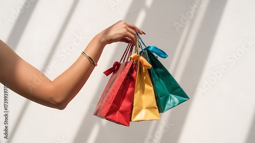 Arm of a woman holding coloured gift bags on a white background.
