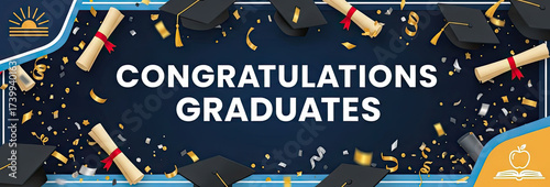 A banner with graduation caps and diplomas against a dark blue background, celebrating the achievements of graduates.