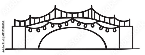 Simple black outline drawing of an arched bridge with string lights hanging across the top. minimal design representing architecture and decoration.