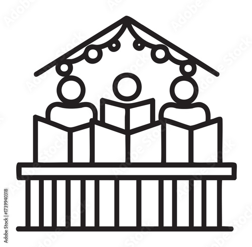 Black outline icon of three people singing christmas carols under a decorated roof, depicting a festive holiday choir scene.