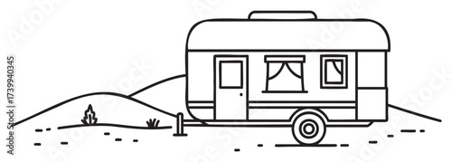 Black outline drawing of a simple travel trailer with windows and door in a minimal style, representing outdoor, travel, and camping concepts.