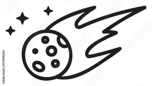 Black outline of a simple blazing meteor with circular craters and three shining stars in the .