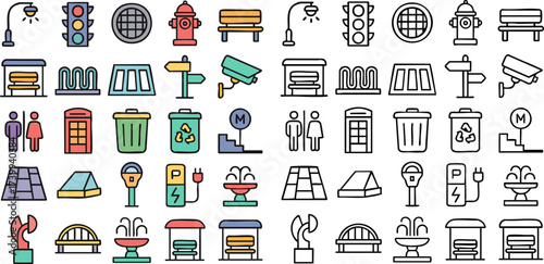 Urban City Life and Street Infrastructure Icon Set.