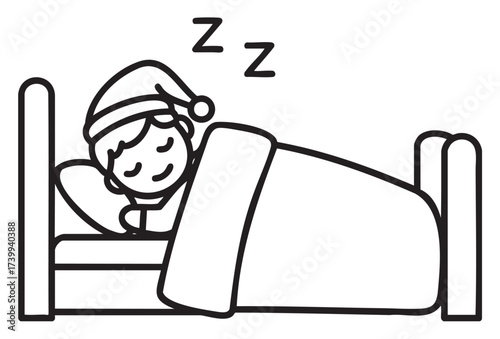 Simple black outline vector illustration of a person wearing a nightcap, sleeping comfortably in bed with a blanket, and dreaming as indicated by 'z' symbols.