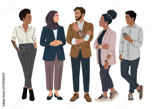 Vector illustration of a diverse business team standing and communicating — multiracial men and women, including Muslim woman in hijab, African American woman, and Asian man, isolated 