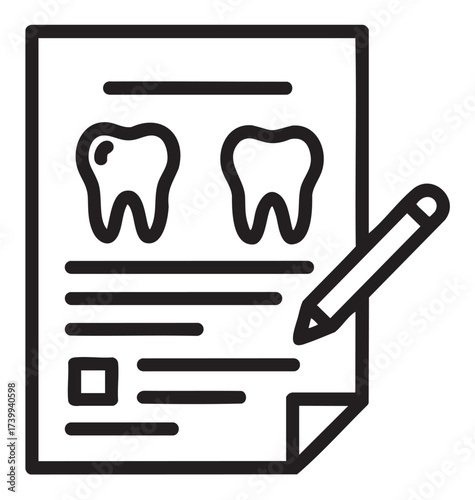 Black outline icon of a dental document featuring two teeth illustrations and a pencil, symbolizing dental records or forms.