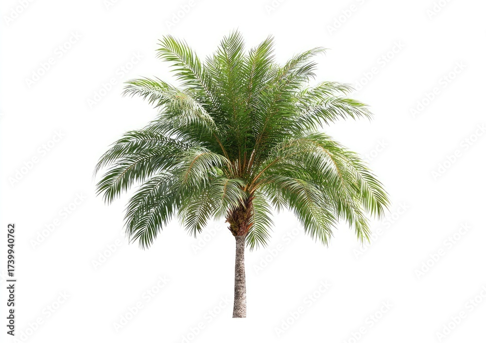 Fototapeta premium Isolated palm tree against white background. Lush green fronds radiate outward from a tall, slender trunk