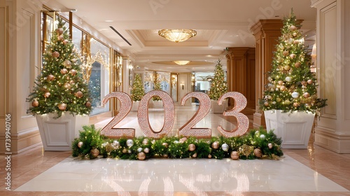Welcoming 2023: Festive foyer adorned with the spirit of the season, a symbol of hope and celebration. Featuring a charming setting that will inspire joy.