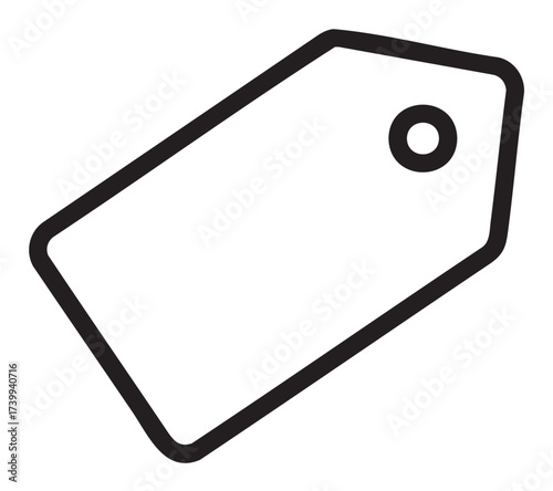 Black outline icon of a simple price tag with a circular hole in the top corner for attachment purposes.