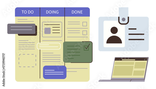 Task board with columns for To Do, Doing, Done ID badge with user details laptop with open website, emphasizing organization, productivity, project management, teamwork, workflow visualization, task