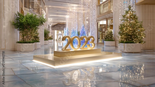 New Year's Eve 2023 Celebration: A grand, golden 2023 takes center stage, illuminated amidst a festive display of twinkling lights and meticulously decorated trees.