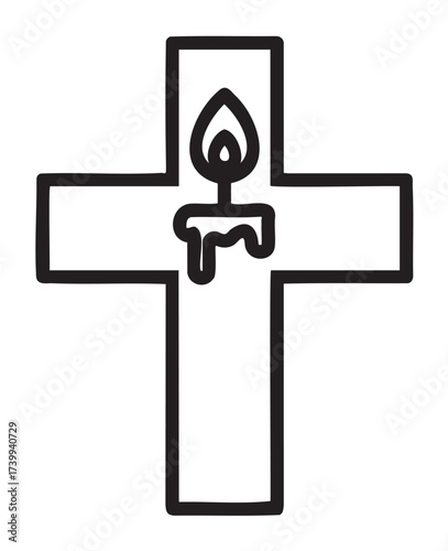 Black outline drawing of a cross with a melting candle and flame in the center. simple illustration representing faith and spirituality.