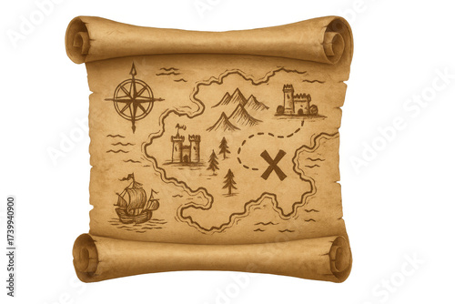 Old treasure map scroll with x marking spot
