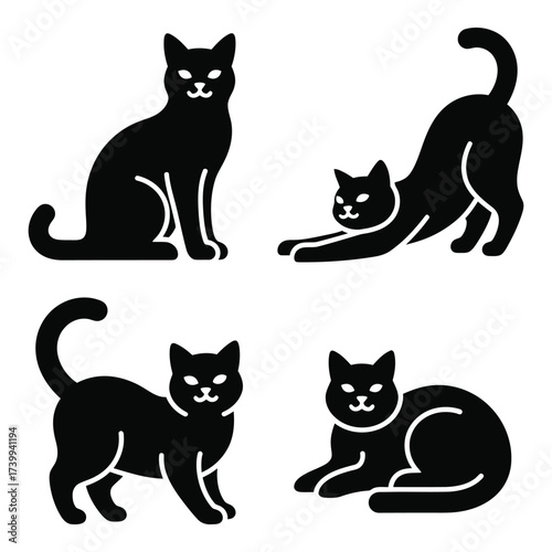 Four stylized black cats in different poses silhouette collection versatile for design projects and creative applications silhouette