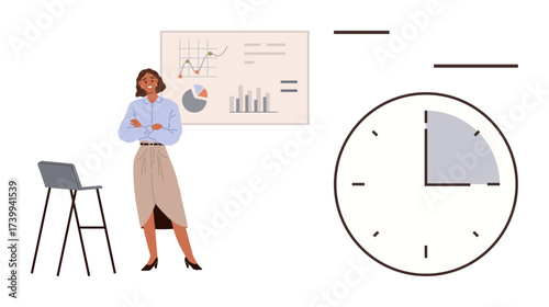 Professional woman standing beside charts and graphs on presentation board. Large clock symbolizes time management, productivity, strategy, and deadlines. Ideal for business, planning, leadership