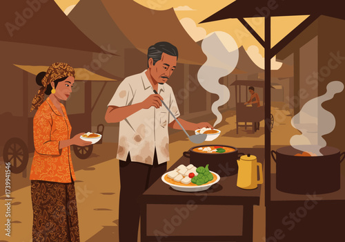 A vendor serves food to a woman in an outdoor market with steam rising from pots