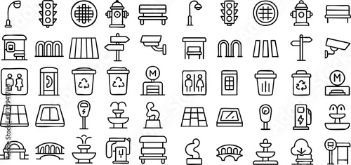Urban City Street Elements Outline Icons Collection.