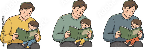 Father reading book with child illustration, parent teaching kid together, family bonding time, education concept, parenting love, learning supportFather reading book with child illustration, 