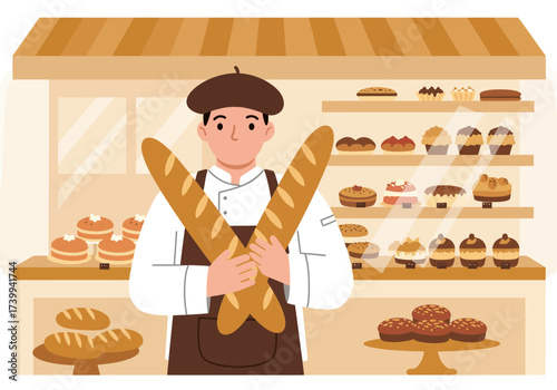 Baker holding baguettes in front of a bakery display of pastries  bread