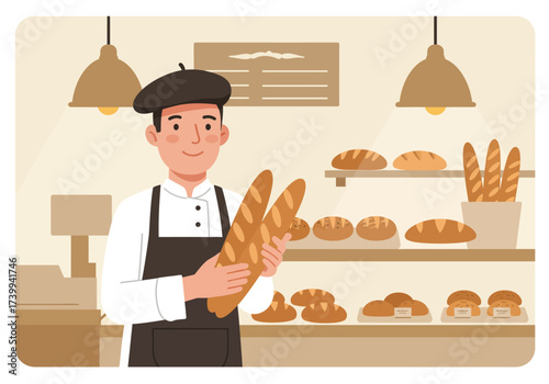 Baker in apron holding baguettes in bakery setting with bread display lights and cash register