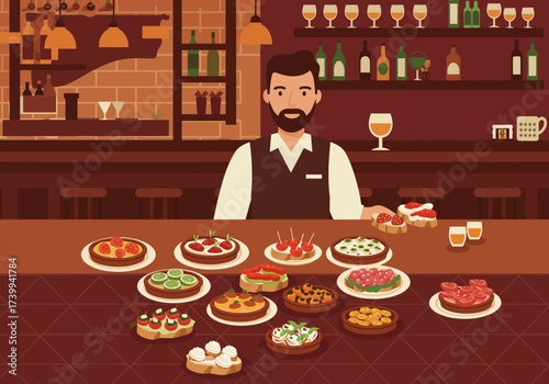 Bartender stands behind bar serving pintxos Wine  alcohol bottles on shelves behind