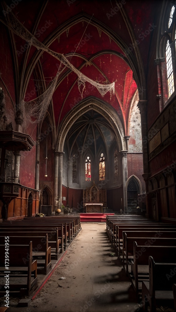 Fototapeta premium Gothic abandoned dark red bloody church interior. Mystic. horror. surreal. dramatic scene.