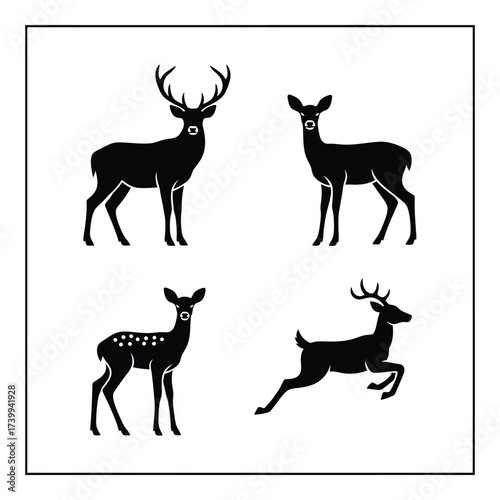 Four silhouette deer collection majestic antlered stag graceful doe fawn running wildlife animal art digital art silhouette