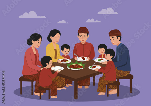 Family of seven around a table eating a meal with rice and meat dishes