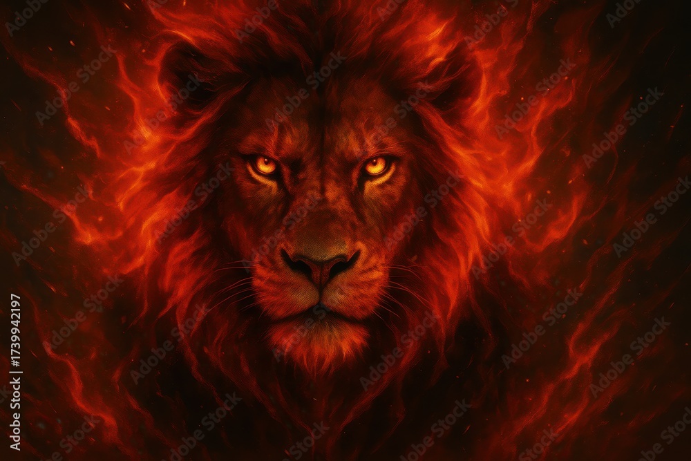 Naklejka premium Majestic lion roaring in fiery glory digital artwork fantasy realm close-up power and majesty