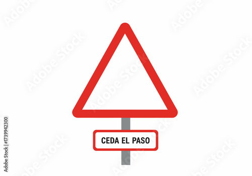 Traffic sign red triangle above Ceda el paso Give Way gray pole on white background