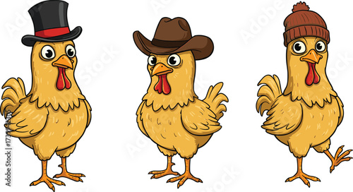 Funny cartoon chickens wearing hats, cute farm animals, stylish rooster characters, vector illustration for humor, farming, fashion, poultry mascot designFunny cartoon chickens wearing hats,