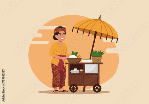 Vendor stands by cart with foodutensils shaded by umbrella