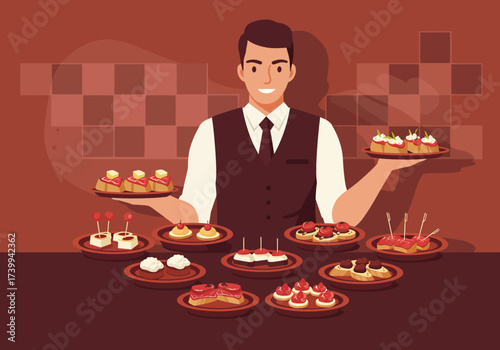 Waiter holds plates of tapas with a table of various appetizer dishes in a restaurant